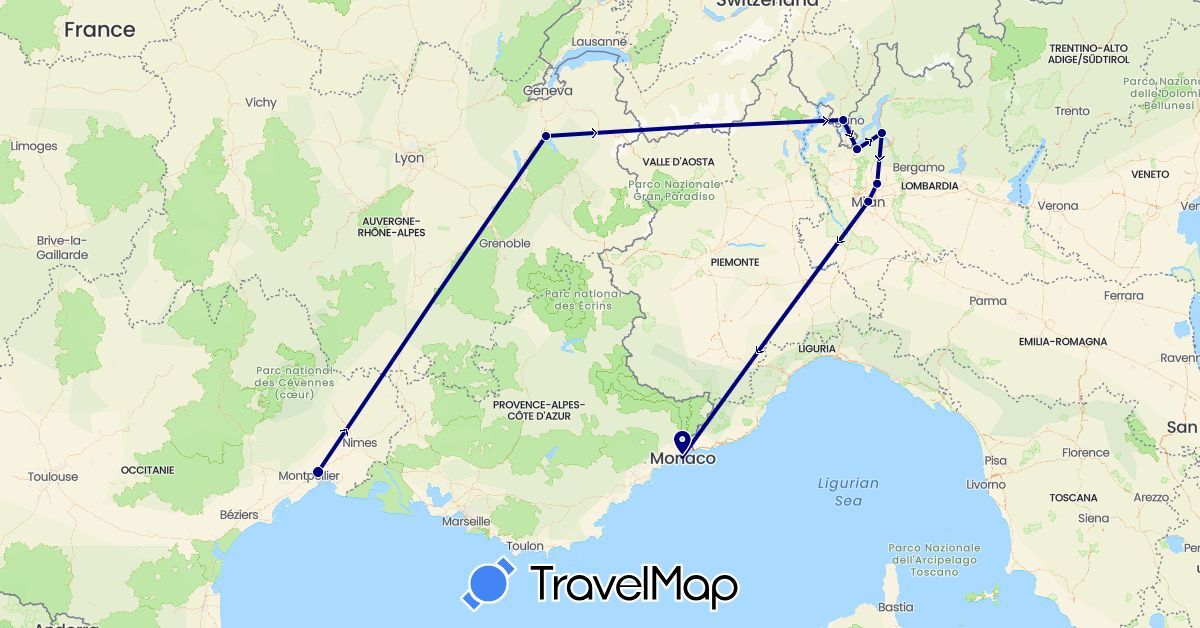TravelMap itinerary: driving in Switzerland, France, Italy, Monaco (Europe)